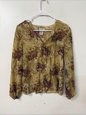 George Taupe Paisley V-Neck Long sleeve Y2K   Top